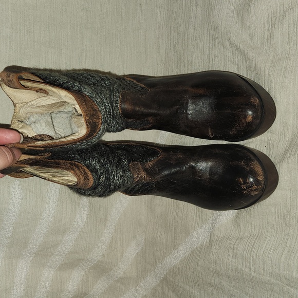 BED STU Bruges Wedge Booties Brown Distressed Leather Slouchy Knit Boots… - Picture 1 of 14